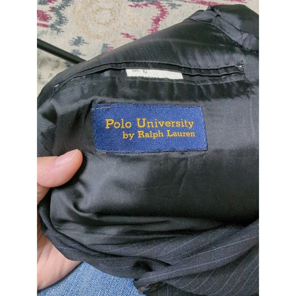 VTG Polo University by Ralph Lauren Sz 41T Black Blazer Gray Blue Pinstripes BUT